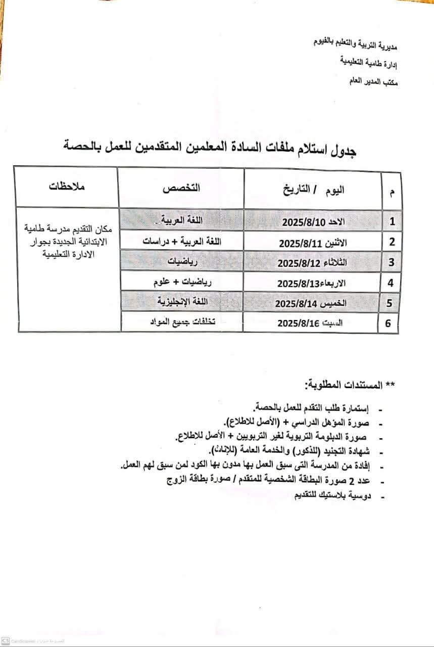 إدارة طامية تفتح التقديم للعمل بالحصة في المدارس لسد العجز بالمعلمين