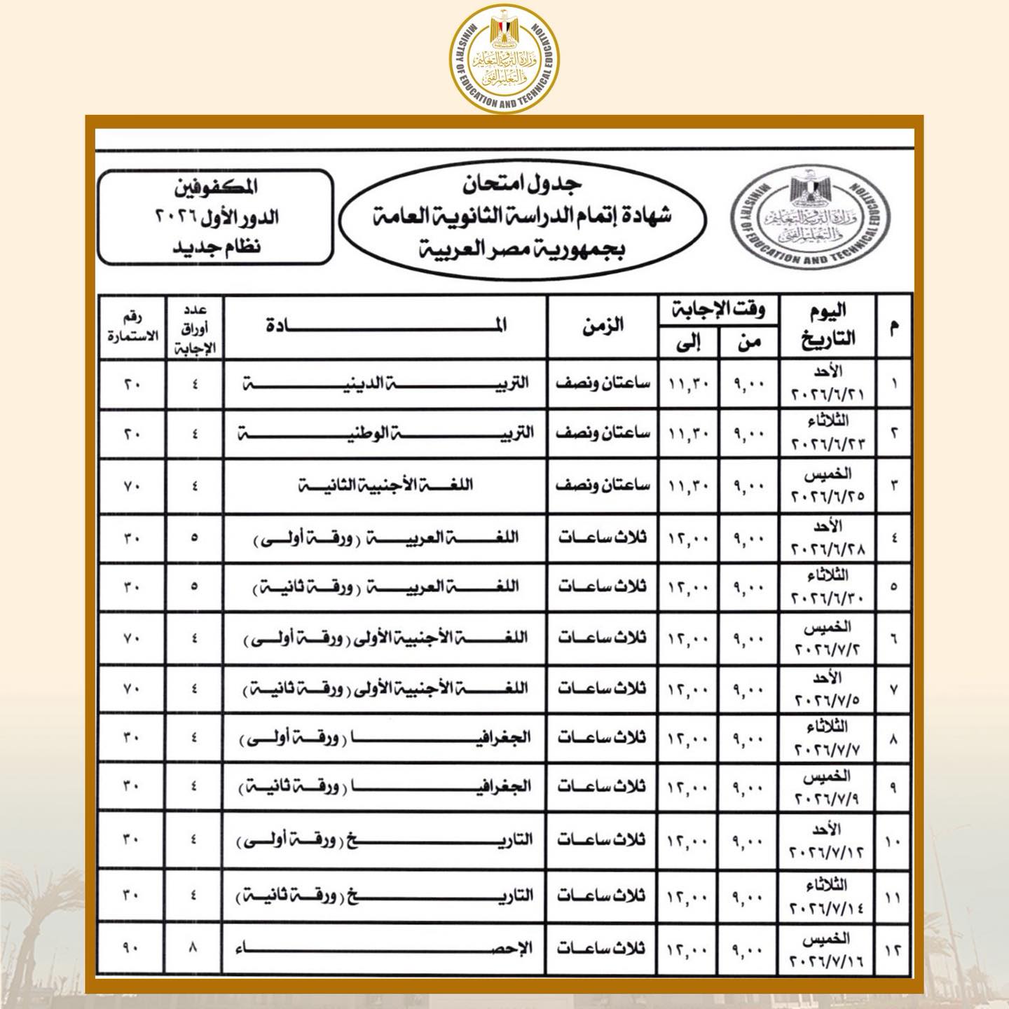 رسمياً.. وزير التعليم يعتمد جداول امتحانات الثانوية العامة 2026