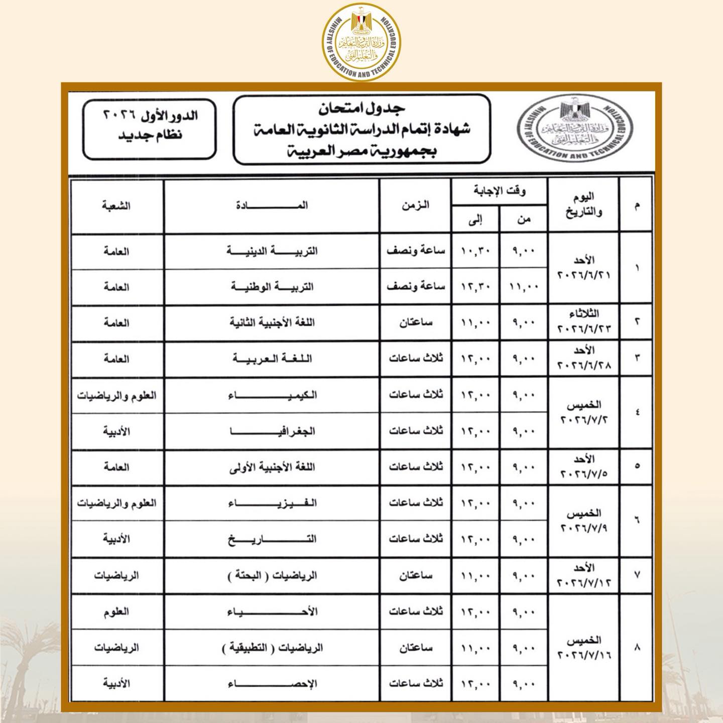رسمياً.. وزير التعليم يعتمد جداول امتحانات الثانوية العامة 2026