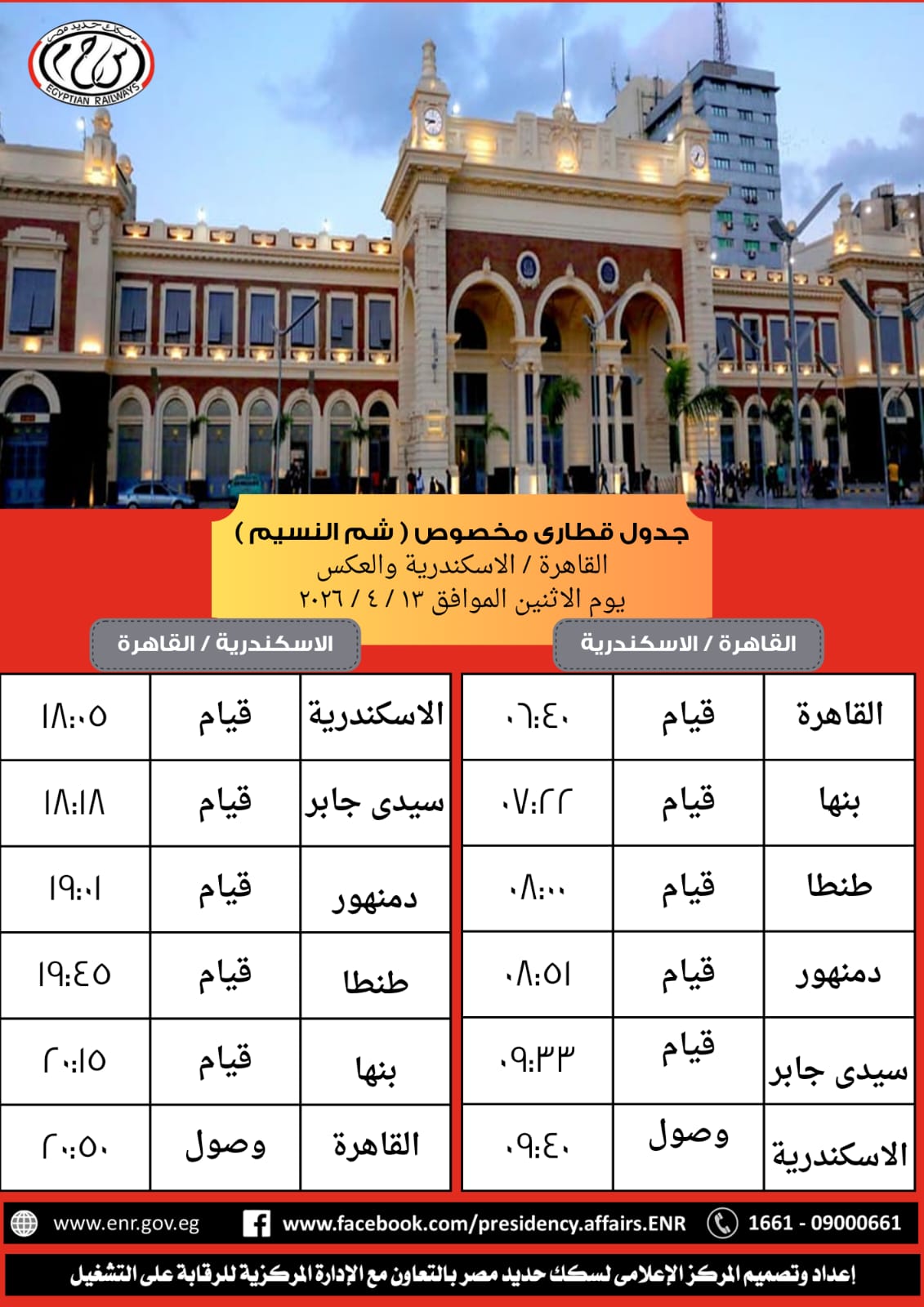 السكة الحديد تشغل “قطار النزهة” المخصوص للقاهرة والإسكندرية بمناسبة شم النسيم